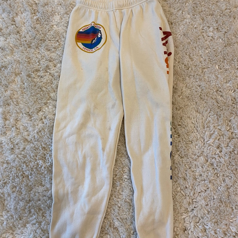 Aviator Nation White Track Pants with Colorful Patch